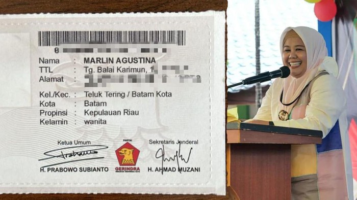 Kolase foto KTA Gerindra atas nama Wakil Gubernur Kepri, Marlin Agustina. Wagub Kepri, Marlin Agustina (Istimewa/dok Pemprov Kepri)