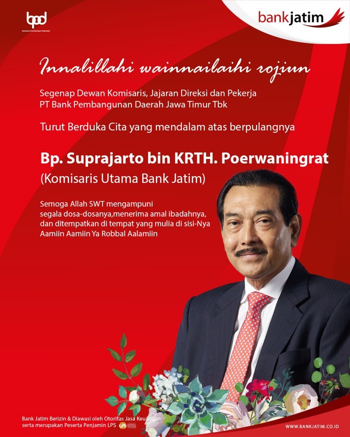 Komisaris utama Bank Jatim meninggal dunia