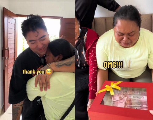 Momen penjual donat di Denpasar mendapat kejutan rumah dan uang Rp 155 juta dari bule yang pernah dibantu. (Tangkapan layar TikTok @isaiahgarza)