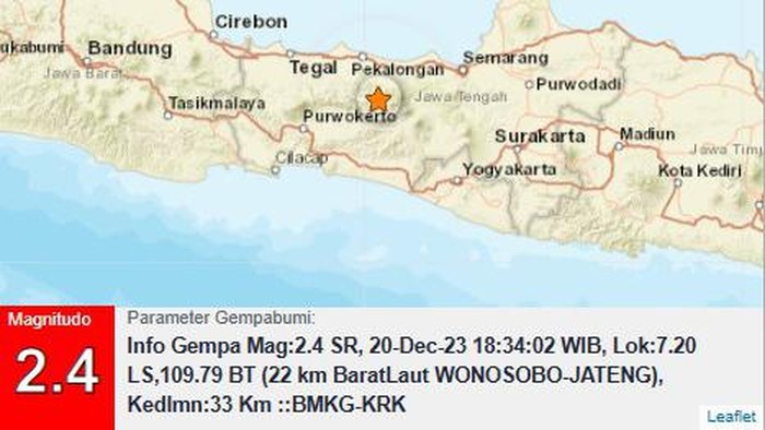 Gempa berkekuatan magnitudo 2,4 terjadi di Wonosobo malam ini, Rabu (20/12/2023).