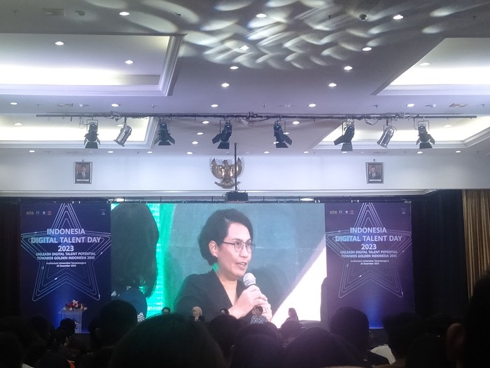 Sekretaris Jenderal Kementerian Pendidikan, Kebudayaan, Riset, dan Teknologi (Kemendikbudristek), Suharti dalam acara Digital Talent Day 2023 Women in Tech by Huawei, di Universitas Tarumanegara, Jakarta Barat, Rabu (20/12/2023).