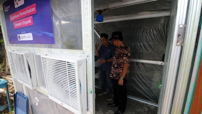 Regional Group Head XL Axiata East Region Dodik Ariyanto (kiri) Kepala Desa Pademonegoro Ispriyanto (kanan) meninjau pembibitan maggot di ruang inkubator budi daya maggot di Pondok Pesantren Madrasatul Qur'an At-Tauhid, Pademonegoro, Sukodono, Sidoarjo , Jawa Timur, Kamis (21/12/2023). PT XL Axiata Tbk terus mendorong penerapan teknologi digital di pondok pesantren salah satunya dengan pemanfaatan solusi berbasis internet of things (IoT) dalam pembuatan inkubator untuk budi daya maggot. ANTARA FOTO/Umarul Faruq/nz