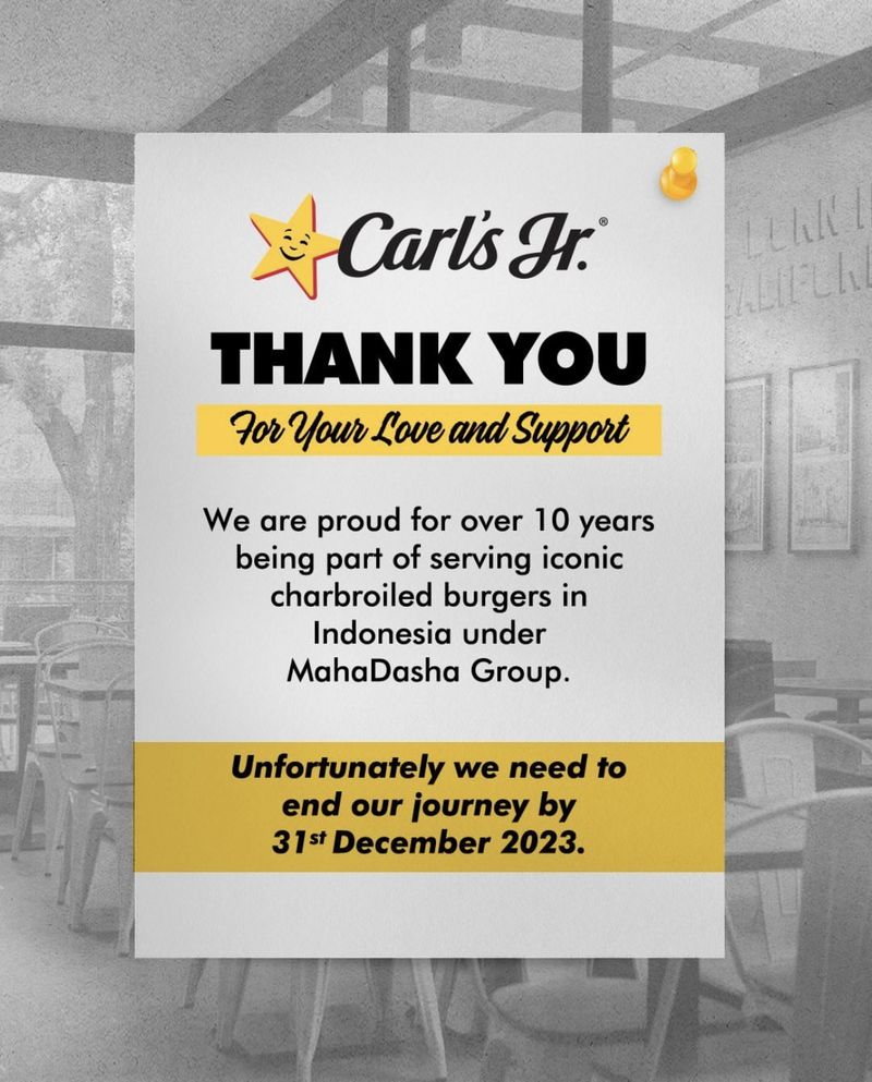 Sedih! 10 Tahun di Indonesia, Carl's Jr Umumkan Tutup Semua Gerai