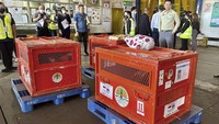 Petugas menyiapkan peti berisi orangutan untuk dipulangkan ke Indonesia, di Bandara Internasional Suvarnabhumi di Bangkok, Thailand, Kamis (21/12/2023).
