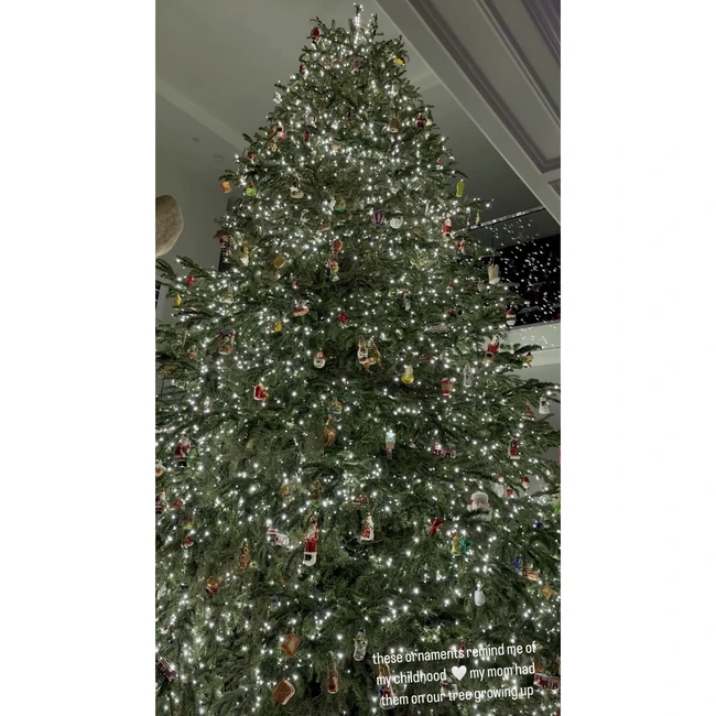 Kylie Jenner memberikan gambaran sekilas pohon Natal yang megah di Instagram Story. Tingginya hampir dua kaki dan dihiasi ratusan lampu putih berkilau serta ornamen kaca antik. Foto: Instagram