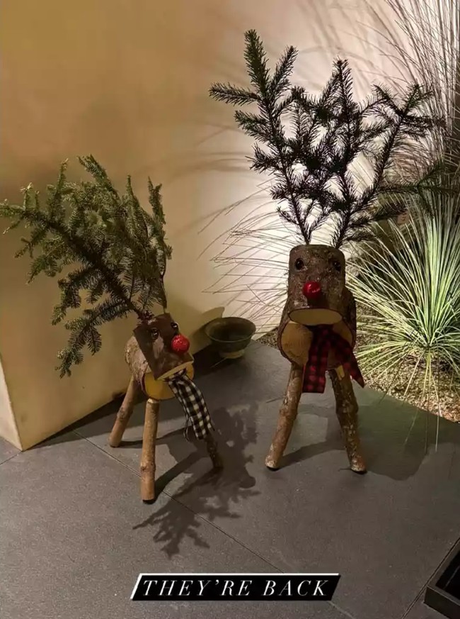 Jennifer Aniston membagikan sekilas dekorasi Natal di kediamannya. Dia memilih gaya rustic dengan menempatkan patung rusa terbuat dari kayu yang dihias hidung merah, syal dan tanduk hijau dari batang pohon cemara. Foto: Instagram