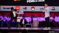 Ini momen saat mic Cak Imin jatuh saat memberikan pertanyaan soal tips dan trik agar proyek besar pusat dimasukkan ke daerah, dalam hal ini daerah yang dipimpin Gibran yakni Kota Solo.
