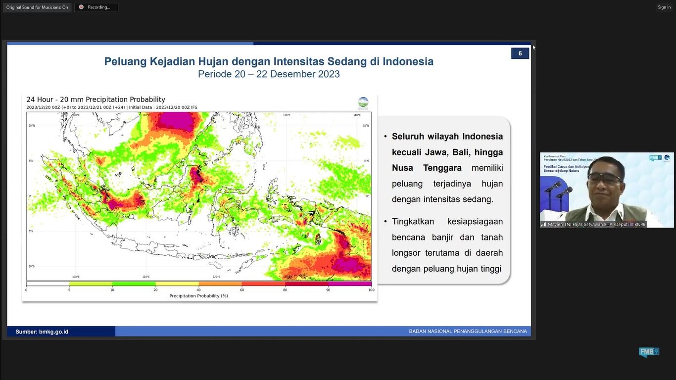 Konferensi Pers Prediksi Cuaca dan Antisipasi Bencana Jelang Nataru, Jumat (22/12/2023). (Tangkapan layar Youtube FMB9)