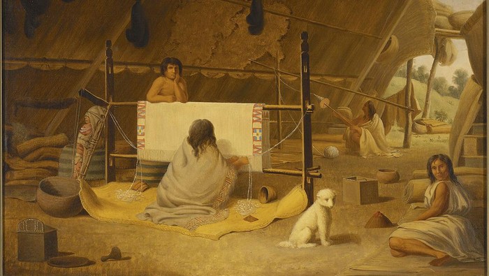 Lukisan Paul Kane, A Woman Weaving a Blanket, menampilkan sosok anjing mirip anjing bulu wol di rumah penduduk suku.