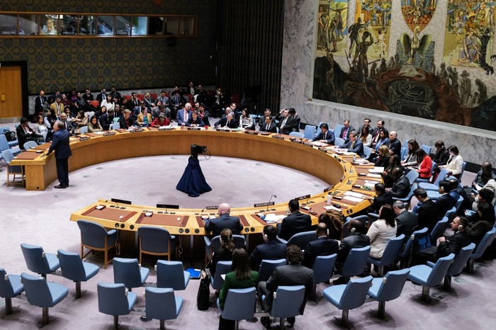 The UN Security Council meets about the situation in the Middle East, including the Palestinian question, at UN headquarters in New York on December 22, 2023. The Security Council was poised on Friday to vote on a much-delayed and watered-down resolution to boost aid to Gaza after Washington signaled it was ready to back the measure. (Photo by Charly TRIBALLEAU / AFP)
