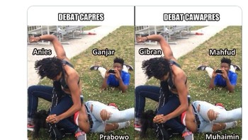 Meme perbandingan debat Capres dab Cawapres 2024. Foto: Twitter
