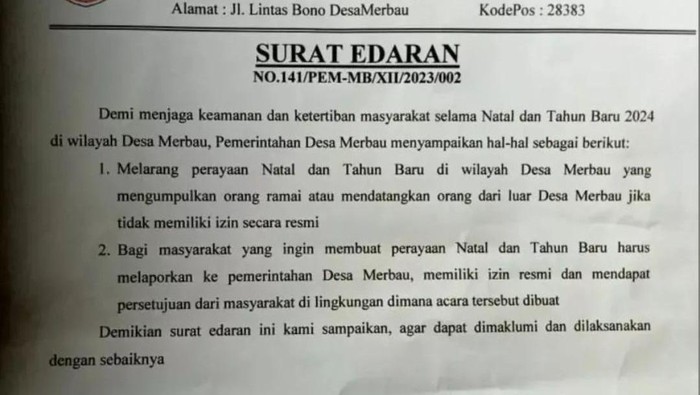Foto: Surat beredar soal larangan Natal dan Tahun Baru di Desa Merbau (Dok foto beredar)