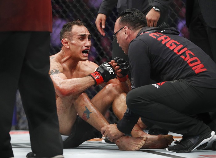 Tony Ferguson celebrates after fighting Anthony Pettis during a lightweight mixed martial arts bout mixed martial arts bout at UFC 229 in Las Vegas, Saturday, Oct. 6, 2018. Ferguson won by technical knockout during the second round. (AP Photo/John Locher)