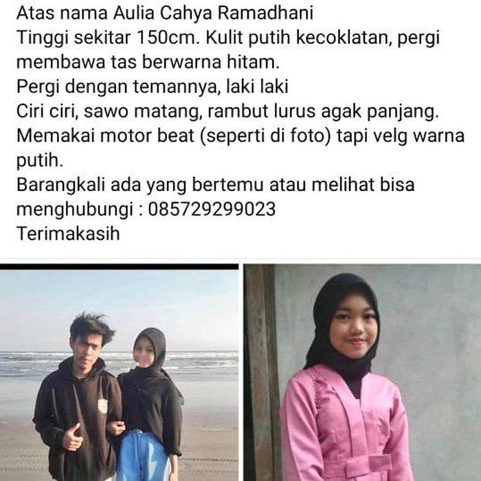 Aulia (15) warga Dlingo, Bantul, dilaporkan hilang. Foto diunggah pada Selasa (26/12/2023).