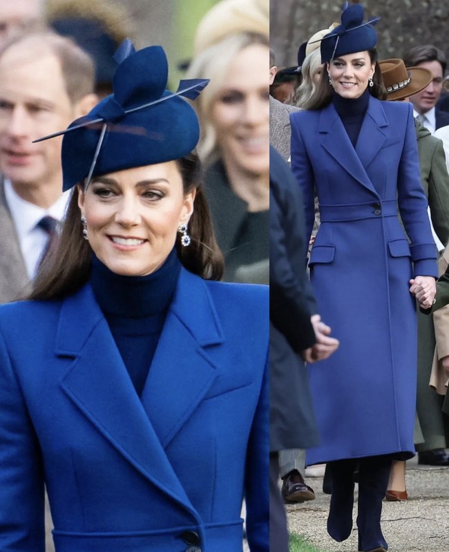 Kate Middleton memakai coat Alexander McQueen berwarna biru tua, topi wanita Juliette, dan sepatu bot bertumit Gianvito Rossi untuk kebaktian Natal di Sandringham pada Desember 2023. Bagian yang paling mencolok dari pakaiannya adalah anting-anting safir dan berlian. Perhiasan itu merupakan milik mendiang Putri Diana. Foto: dok. Instagram
