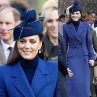 Kate Middleton memakai coat Alexander McQueen berwarna biru tua, topi wanita Juliette, dan sepatu bot bertumit Gianvito Rossi untuk kebaktian Natal di Sandringham pada Desember 2023. Bagian yang paling mencolok dari pakaiannya adalah anting-anting safir dan berlian. Perhiasan itu merupakan milik mendiang Putri Diana. Foto: dok. Instagram