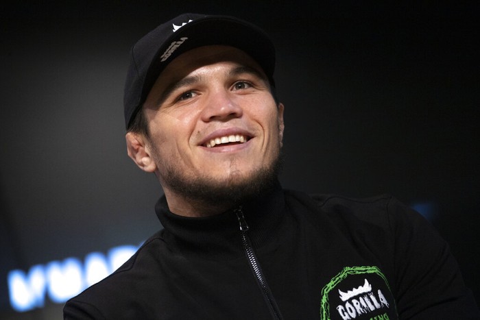 GFC Featherweight Champion Umar Nurmagomedov attends a news conference in Moscow, Russia, Thursday, Oct. 17, 2019. (AP Photo/Alexander Zemlianichenko)