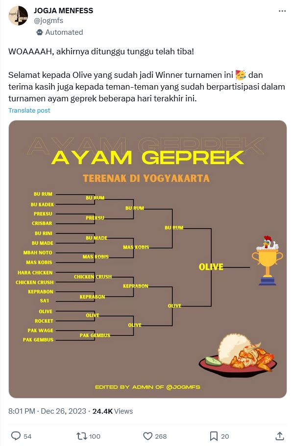 Turnamen ayam geprek terenak di Jogja