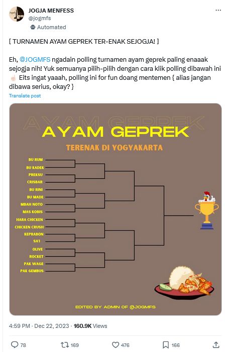 Turnamen ayam geprek terenak di Jogja