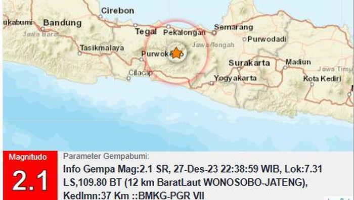 Gempa darat M 2,1 di Wonosobo, Rabu (27/12/2023).