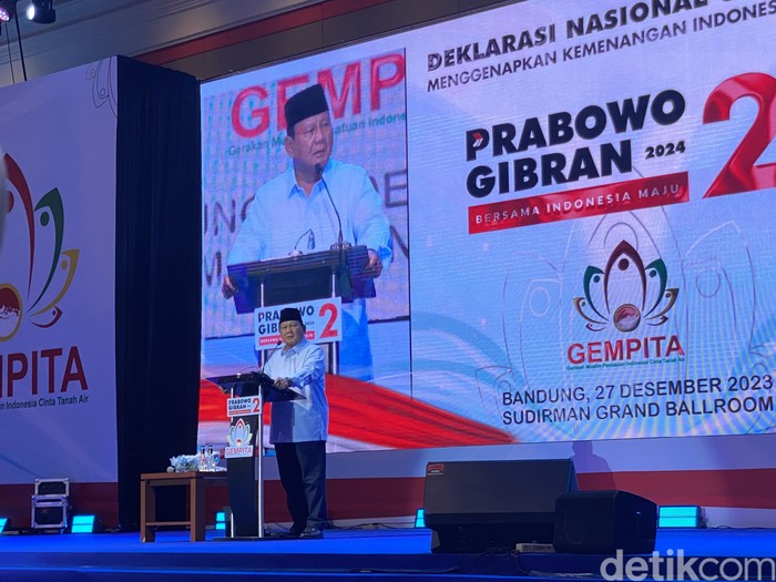 Prabowo Subianto di acara deklarasi Gempita di Bandung, 27 Desember 2023. (Devi Puspitasari/detikcom)