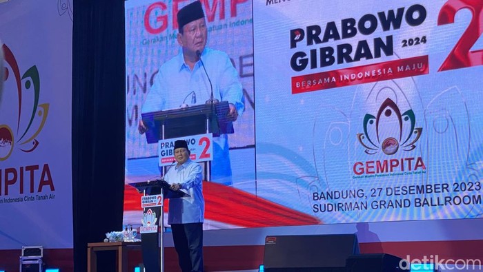 Prabowo Subianto di acara deklarasi Gempita di Bandung, 27 Desember 2023. (Devi Puspitasari/detikcom)