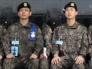 Potret V dan RM BTS Berseragam Militer