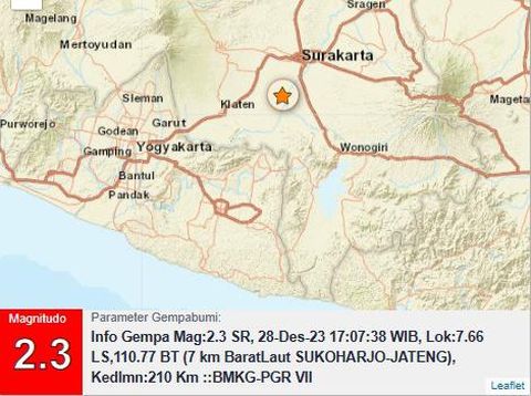 Gempa bumi berkekuatan magnitudo (M) 2,3 di Kabupaten Sukoharjo, Jawa Tengah, Kamis (28/12/2023) sore.