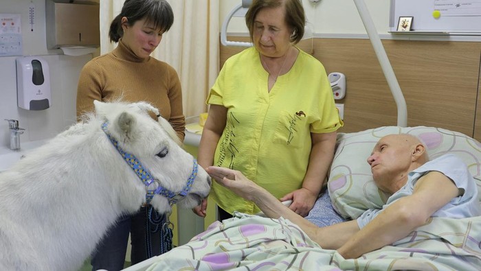 A patient strokes pony Dietrich led by volunteer Anastasia Kozyr at the Savyolovsky unit of a multi-profile palliative care centre in Moscow, Russia, December 14, 2023. Kozyr and her 23-year-old pony Dietrich have been visiting hospices for over a year, bringing some relief and spreading a little joy to patients who are in palliative care. REUTERS/Evgenia Novozhenina     TPX IMAGES OF THE DAY
