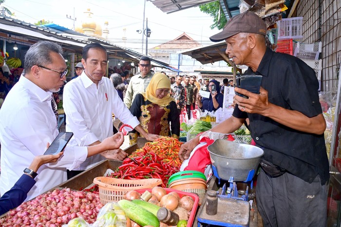 Menteri Perdagangan Zulkifli Hasan (Zulhas) mendampingi Presiden Joko Widodo (Jokowi) memantau harga dan pasokan barang kebutuhan pokok (bapok) di Pasar Rogojampi, Banyuwangi, Rabu (27/11).