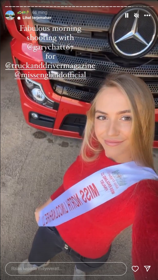 Sebelumnya Milly menjalani profesi model yang juga mengalir dalam keluarga karena mengikuti ibu dan kelima saudarinya. Tapi wanita 23 tahun itu lebih menemukan minat pada mobil besar.Foto: Instagram Milly Everatt