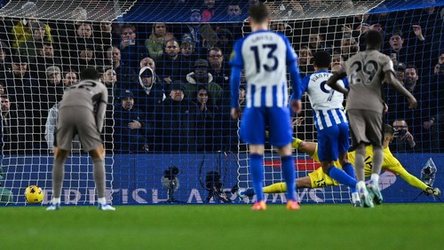 Brightons Brazilian striker #09 Joao Pedro shoots a penalty kick and scores his team second goal during the English Premier League football match between Brighton and Hove Albion and Tottenham Hotspur at the American Express Community Stadium in Brighton, southern England on December 28, 2023. (Photo by Glyn KIRK / AFP) / RESTRICTED TO EDITORIAL USE. No use with unauthorized audio, video, data, fixture lists, club/league logos or live services. Online in-match use limited to 120 images. An additional 40 images may be used in extra time. No video emulation. Social media in-match use limited to 120 images. An additional 40 images may be used in extra time. No use in betting publications, games or single club/league/player publications. /  (Photo by GLYN KIRK/AFP via Getty Images)