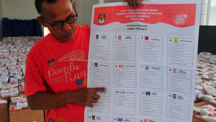 4 Ribu Surat Suara Pemilu di Kudus Rusak Petugas mengamankan surat suara pemilu yang rusak di tempat penyortiran, Kudus, Jawa Tengah, Jumat (29/12/2023). Berdasarkan hasil penyortiran dan penghitungan jenis logistik surat suara DPR Jateng II, KPU Kabupaten Kudus menemukan sebanyak 4.222 lembar surat suara masuk kategori rusak dengan kondisi robek dan sebanyak 651.694 lembar dengan kondisi baik sementara jumlah kekurangan surat jenis itu mencapai 4.971 lembar. ANTARA FOTO/Yusuf Nugroho/aww.