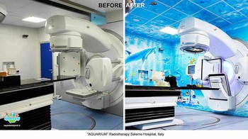 Rasanya bukan di rumah sakit tapi di dalam kartun! atau Bu, Ayah, kapan kita kembali ke akuarium rumah sakit? Ini adalah reaksi anak-anak yang harus menjalani radioterapi atau dirawat di rumah sakit yang telah disulap suasananya oleh Silvio.. Foto: Instagram/ospedalidipinti/