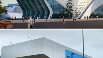 Terminal Kapal Pesiar Internasional Vizag di Visakhapatnam, India. (atas desain arsitek, bawah hasil akhirnya). Foto: Boredpanda