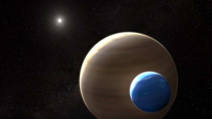 Gambar konsep exomoon Kepler-1625b I yang mengorbit exoplanet Kepler-1625b.