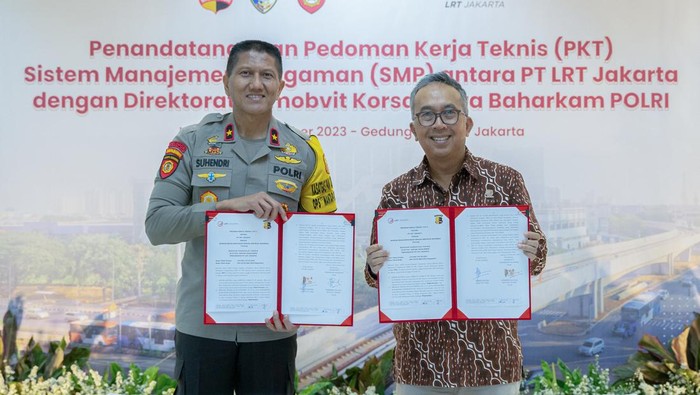 PT LRT Jakarta dan Polri bersinergi dalam Pedoman Kerja Teknis Sistem Manajemen Pengamanan Objek Vital. Hal untuk mewujudkan tempat kerja yang aman, efisien dan produktif.