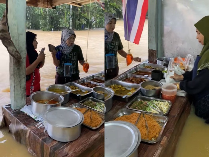 penjual nasi kerabu tetap berjualan di tengah banjir