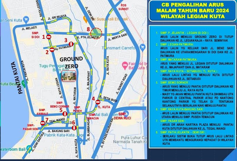 Skema rekayasa arus lalu lintas menuju Pantai Kuta saat malam tahun baru 2024.