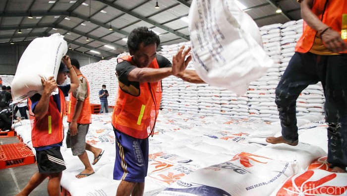 Sejumlah pekerja melakukan pengemasan dan bongkar muat beras  di Kompleks Pergudangan Modern Bulog kawasan Kelapa Gading, Jakarta Utara, Sabtu (30/12/2023).