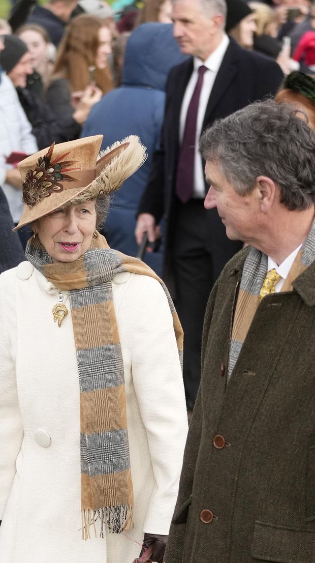 Princess Anne with her husband Timothy Laurence, right, and Prince Andrew arrive to attend the Christmas day service at St Mary Magdalene Church in Sandringham in Norfolk, England, Monday, Dec. 25, 2023.(AP Photo/Kin Cheung)