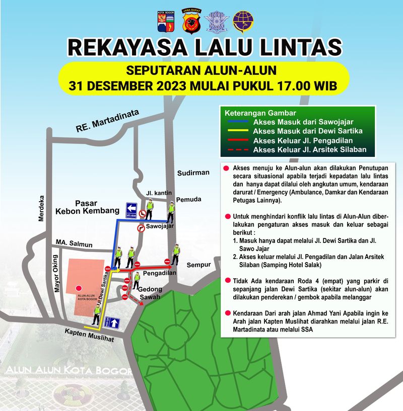 Rekayasa lalu lintas di Taman Sempur, Tugu Kujang dan Alun-alun Kota Bogor pada malam tahun baru, Minggu (31/12/2023) mulai pukul 17.00 WIB.