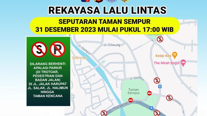 Rekayasa lalu lintas di Taman Sempur, Tugu Kujang dan Alun-alun Kota Bogor pada malam tahun baru, Minggu (31/12/2023) mulai pukul 17.00 WIB.