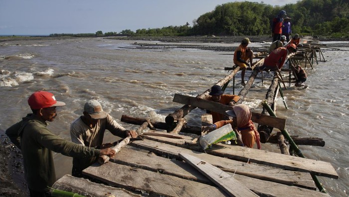 Sejumlah warga mengangkat kayu untuk dipasang di jembatan kayu yang rusak di daerah aliran sungai (DAS) Gunung Semeru, Desa Lebakharjo, Ampelgading, Malang, Jawa Timur, Sabtu (30/12/2023). Jembatan swadaya masyarakat sepanjang 100 meter yang digunakan sebagai jalan alternatif antar desa itu dapat memotong jarak tempuh hingga 14 kilometer, rusak akibat diterjang arus sungai setelah hujan. ANTARA FOTO/Irfan Sumanjaya/Spt.