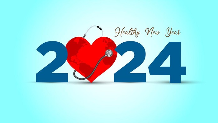 2023 new year Healthcare concept. Healthy new year- creative vector illustration for 2023 new year. Doctor stethoscope with smiling heart and blue background.