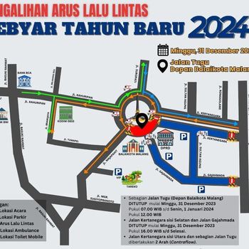 Pengalihan arus lalu lintas di Alun-alun Tugu Kota Malang saat malam tahun baru.