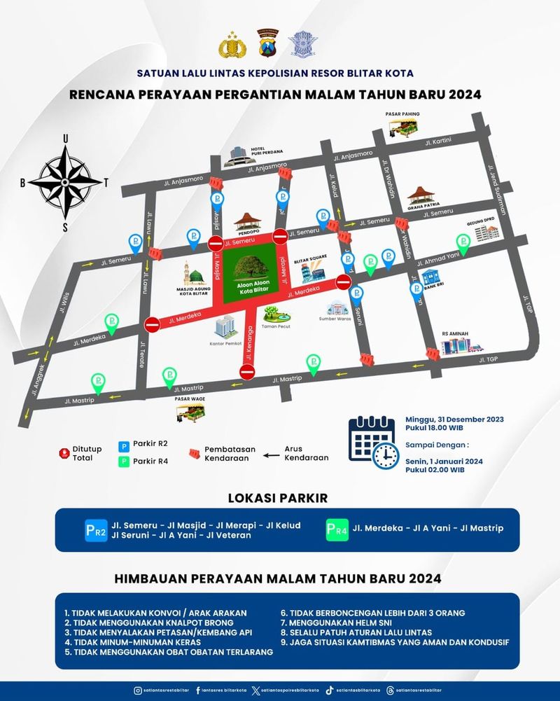 Penutupan Jalan di Kota Blitar saat malam tahun baru.