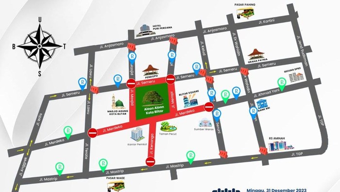 Penutupan Jalan di Kota Blitar saat malam tahun baru.