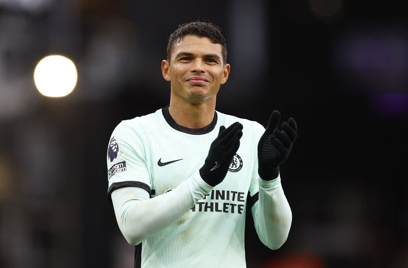 Soccer Football - Premier League - Luton Town v Chelsea - Kenilworth Road, Luton, Britain - December 30, 2023 Chelsea's Thiago Silva celebrates after the match Action Images via Reuters/Peter Cziborra NO USE WITH UNAUTHORIZED AUDIO, VIDEO, DATA, FIXTURE LISTS, CLUB/LEAGUE LOGOS OR 'LIVE' SERVICES. ONLINE IN-MATCH USE LIMITED TO 45 IMAGES, NO VIDEO EMULATION. NO USE IN BETTING, GAMES OR SINGLE CLUB/LEAGUE/PLAYER PUBLICATIONS.