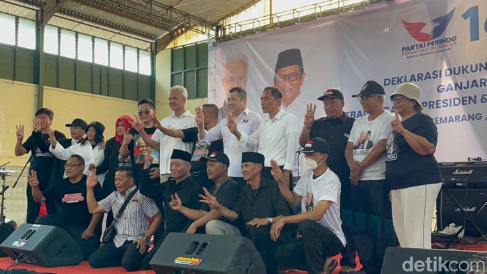 Asosiasi Pedagang Mie dan Bakso (Apmiso) mendeklarasikan dukungan kepada pasangan nomor urut 3 Ganjar Pranowo-Mahfud Md di Pilpres 2024. (Anggi Muliawati/detikcom)